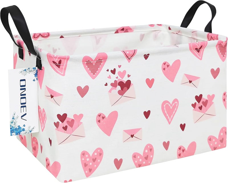 ONOEV Rectangular Folding Laundry Basket,waterproof Canvas Basket,gift basket,Suitable for children's room,Office,Clothes,Toys Storage(Pink Love) - Image 1